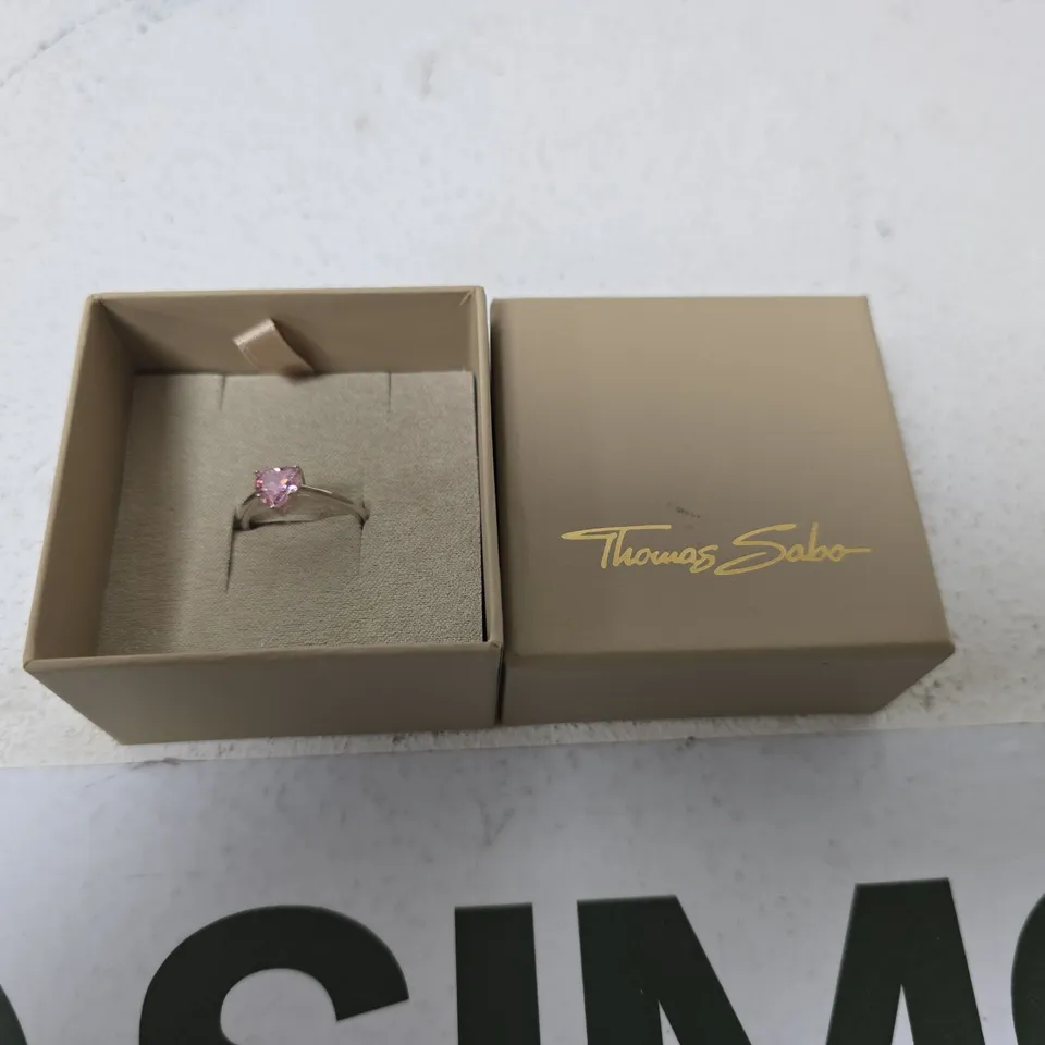 THOMAS SABO SILVER RING WITH PINK HEART-CUT GEMSTONE – BOXED