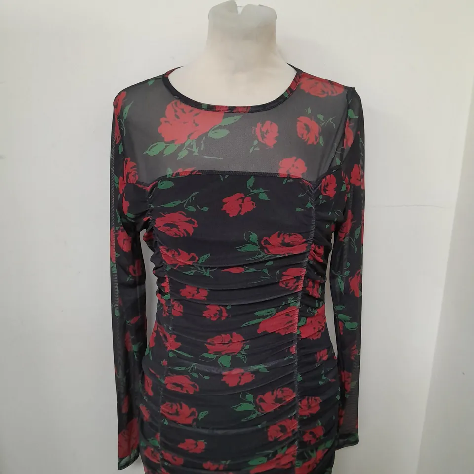 WOMAN BLACK FLORAL PRINT MESH MIDI RUCHED DRESS SIZE 14