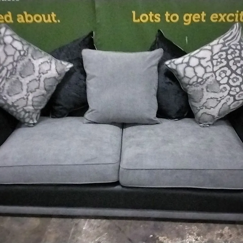 DESIGNER HILTON BLACK SUEDE EFFECT AND GREY FABRIC THREE SEATER WITH SCATTER CUSHIONS