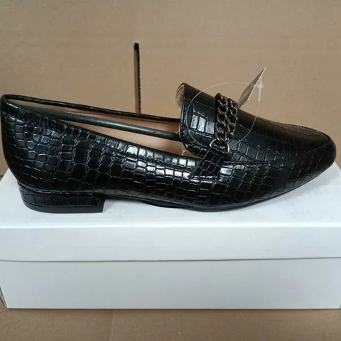 BOXED PAIR OF SPOT ON WOMEN'S BLACK CROC-EMBOSSED LEATHER LOAFERS - UK SIZE 4