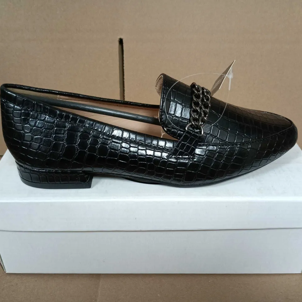 BOXED PAIR OF SPOT ON WOMEN'S BLACK CROC-EMBOSSED LEATHER LOAFERS - UK SIZE 4