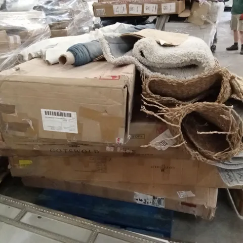 PALLET OF ASSORTED INCOMPLETE DESIGNER FURNITURE PARTS AND RUGS