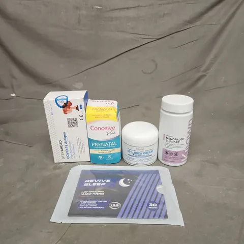 TOTE OF APPROXIMATELY 20 ASSORTED HEALTHCARE PRODUCTS TO INCLUDE STEP AHEAD COVID SELF TESTS - CONCEIVE PLUS PRENATAL CAPSULES AND KNOWN MENOPAUSE SUPPORT GUMMIES