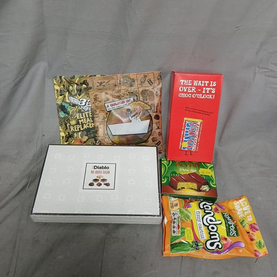 APPROXIMATELY 10 ASSORTED FOOD ITEMS TO INCLUDE 33 FUEL ELITE MEAL REPLACEMENTS, TONYS CHOCOLONEY, FIZZY RANDOMS, ETC