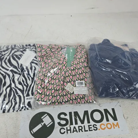 SET OF 5 TEXTILE FABRICS: ZEBRA PRINT, PINK GEOMETRIC, BLUE PLAIN, ORANGE ACCENT & DARK TEXTURED PIECES WOMEN'S CLOTHING BUNDLE – APROX 10 ITEMS TO INCLUDE CLOTHING ITEMS JUMPERS , TOPS AND DRESSES 