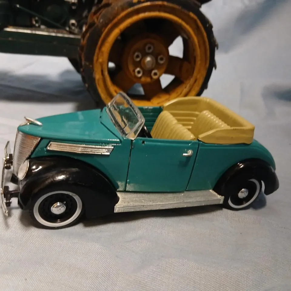 VINTAGE DIE-CAST METAL TOY VEHICLE TRIO: GREEN TRACTOR, ORANGE HOT ROD PICKUP & TEAL CONVERTIBLE