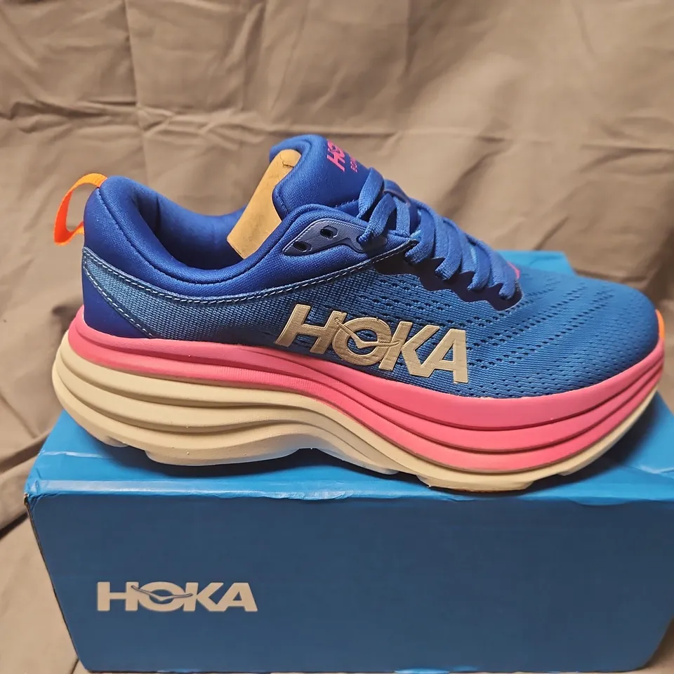 BOXED HOKA BONDI 8 RUNNING SHOES – BLUE WITH PINK MIDSOLE - UK 6