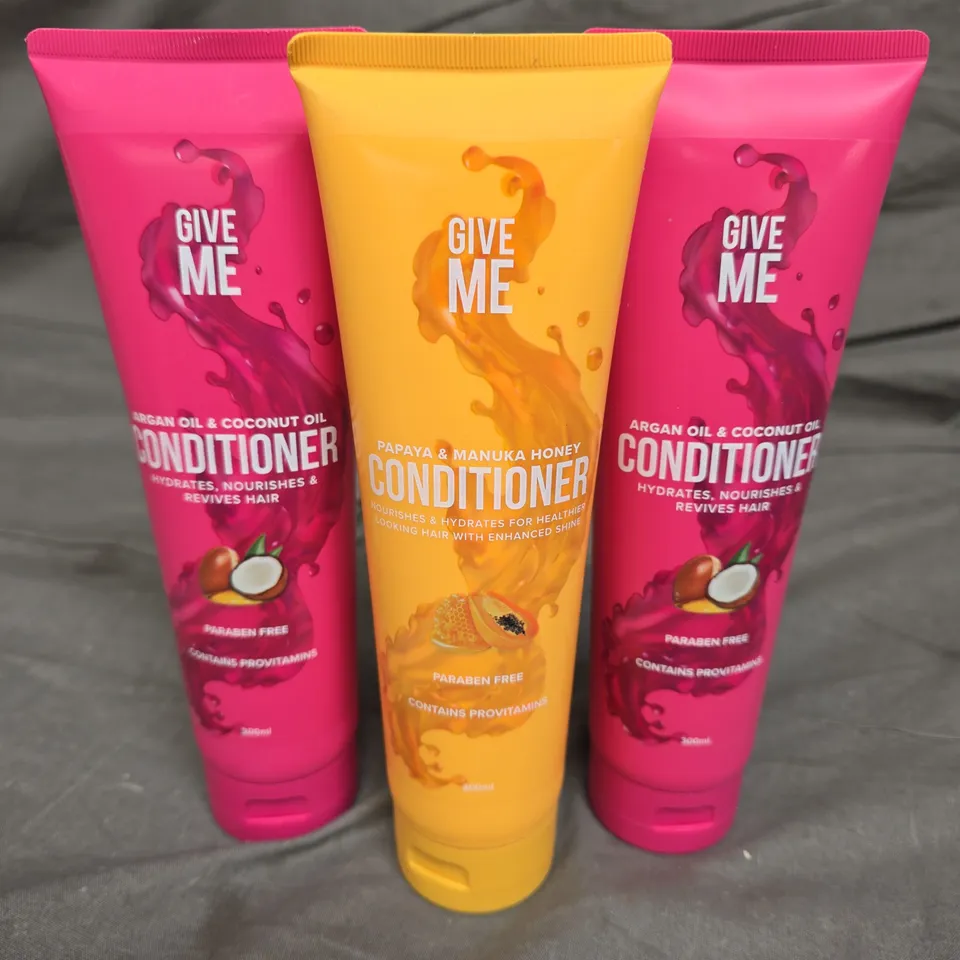 3 X 300ML GIVE ME CONDITIONER TO INCLUDE 2 X ARGAN OIL/COCONUT OIL & 1 X PAPAYA/MANUKA HONEY 