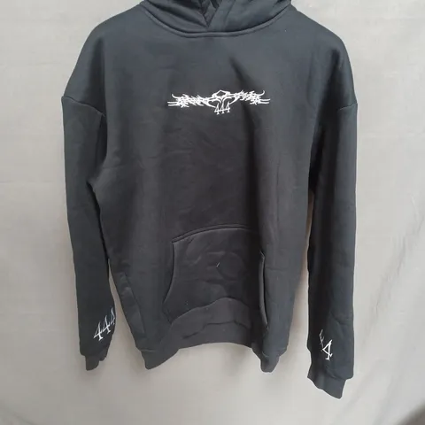 444 BLACK HOODIE – WHITE GRAPHIC PRINTS, SIZE XL