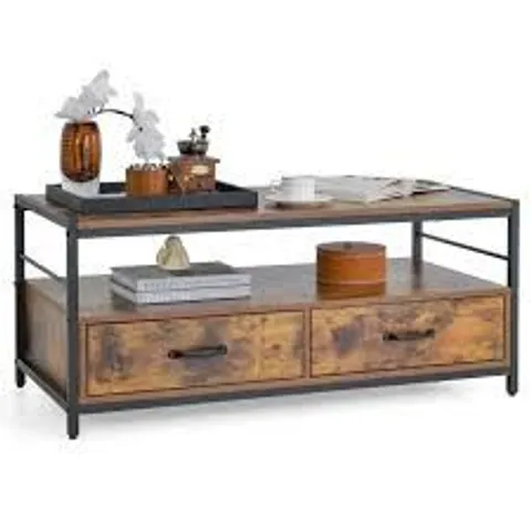 BOXED COSTWAY 2 DRAWER SINGLE SHELF RUSTIC BROWN COFFEE TABLE