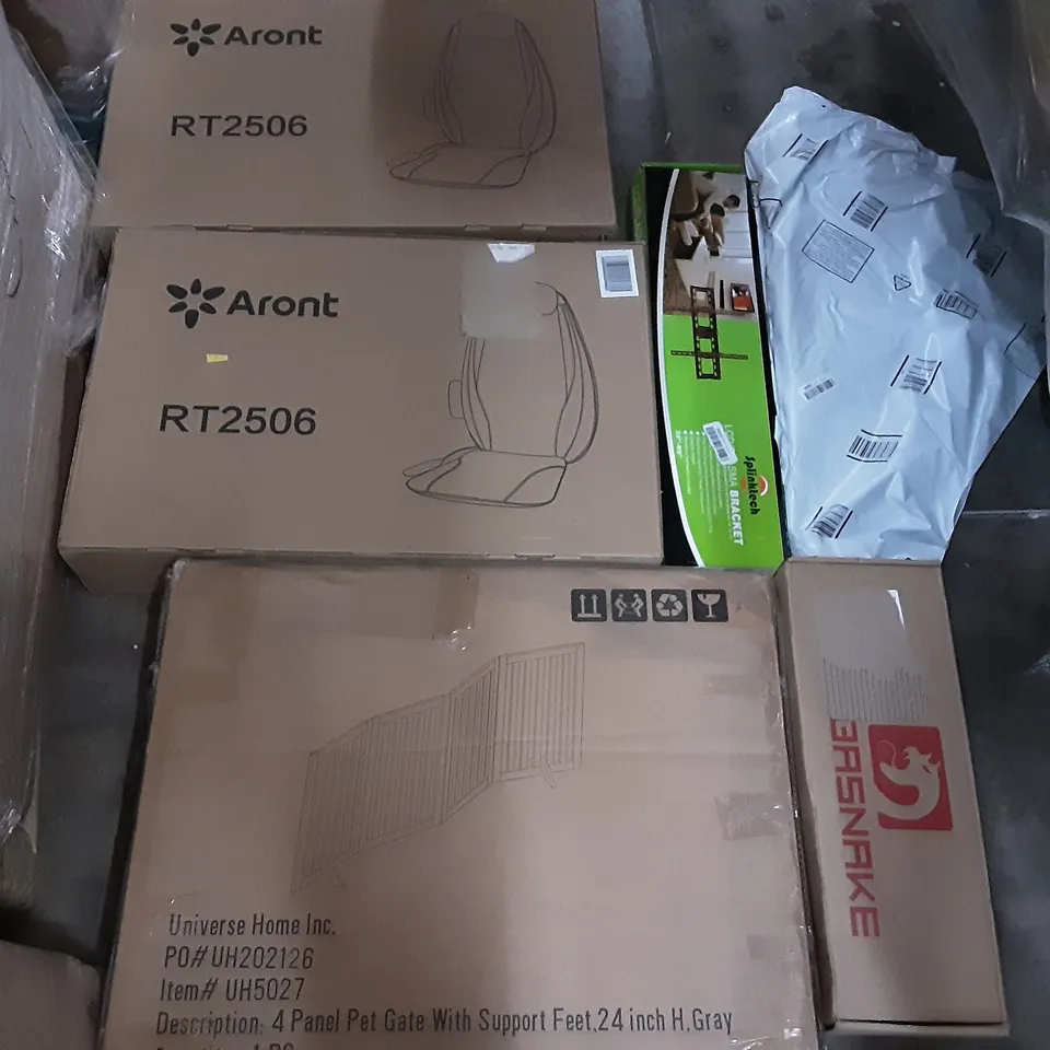 PALLET OF ASSORTED PRODUCTS INCLUDING ARONT CHAIR, 4 PANEL PET GATE, SPLINKTECH TV WALL BRACKET, 30" ELECTRIC GUITAR, WHEELCHAIR RAMPS, CAR LITTER BOX 