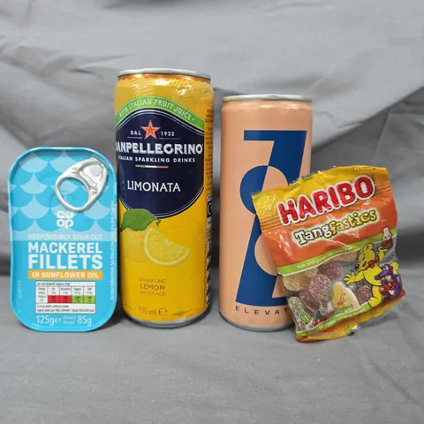 APPROXIMATELY 10 ASSORTED FOOD & DRINK ITEMS TO INCLUDE MACKEREL FILLETS, SANPELLEGRINO, HARIBO, ETC - COLLECTION ONLY