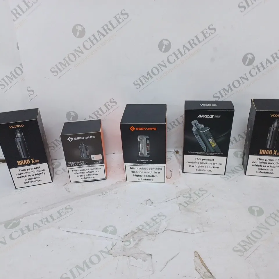 LOT OF APPROXIMATELY 10 BOXED E-CIGARETTES TO INCLUDE VOOPOO DRAG X, VOOPOO ARGUS PRO, AND GEEKVAPE B60 ETC. 