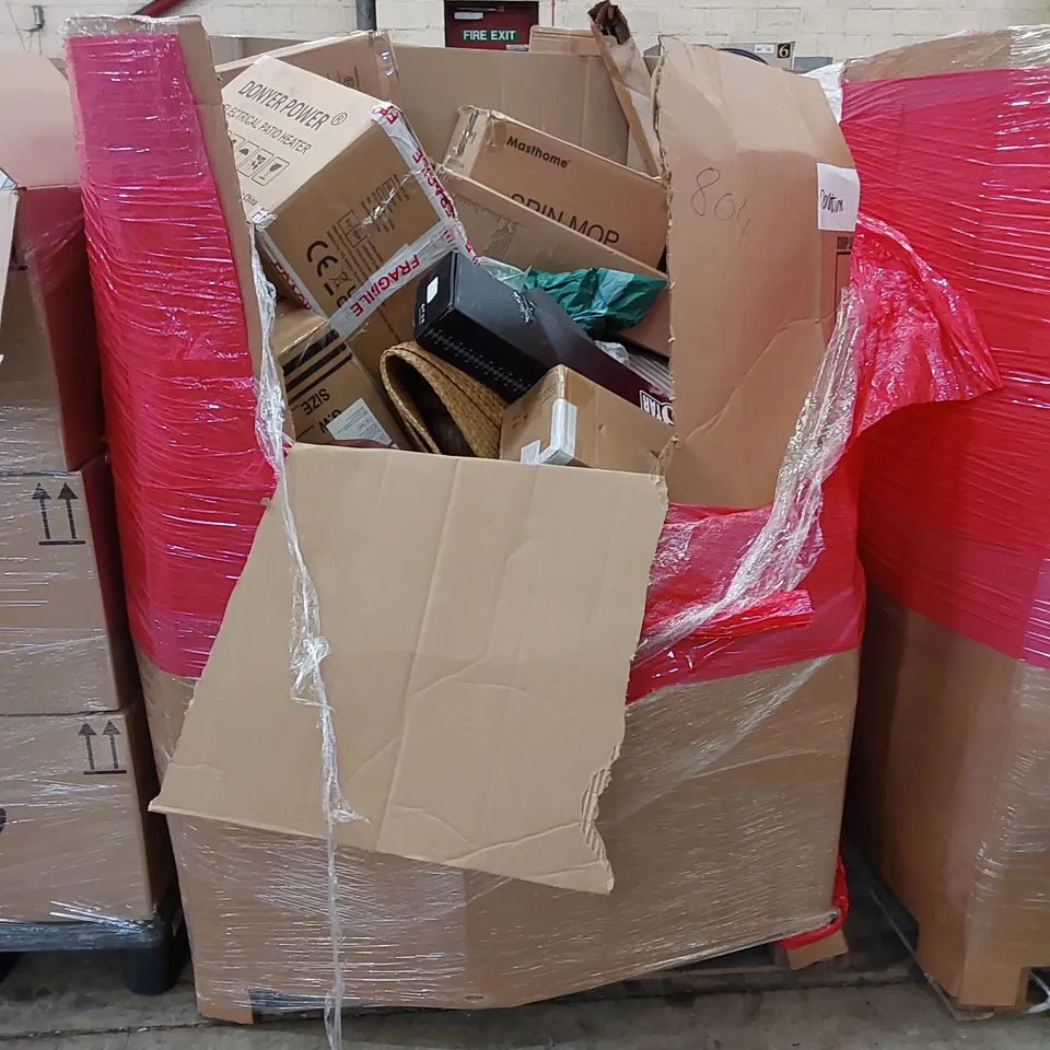 PALLET OF ASSORTED HOUSEHOLD ITEMS AND CONSUMER PRODUCTS. INCLUDING SCOOTER, TRAVEL CASE, PULL UP BAR, TOILET SEAT, AIR FRYER ETC