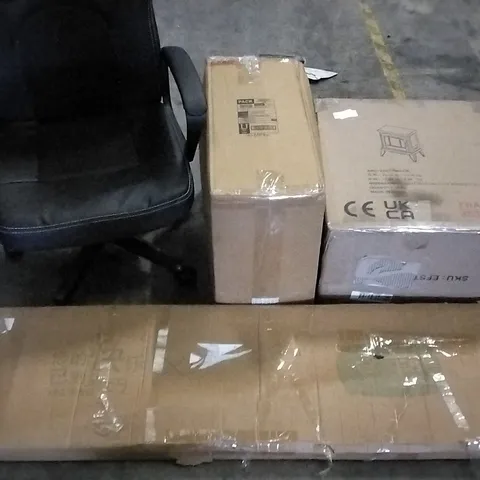 PALLET OF ASSORTED ITEMS INCLUDING OFFICE CHAIR, SH FOREST DAWN TABLE, C-HOPETREE PORTABLE ELECTRIC HEATER, TOILET SEAT, MEIJIA CASE