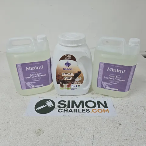 APPROXIMATELY 3 ASSORTED LARGE LIQUIDS TO INCLUDE MINIML ANTI-BAC SURFACE CLEANER, QLEEN ROYAL OUD - COLLECTION ONLY