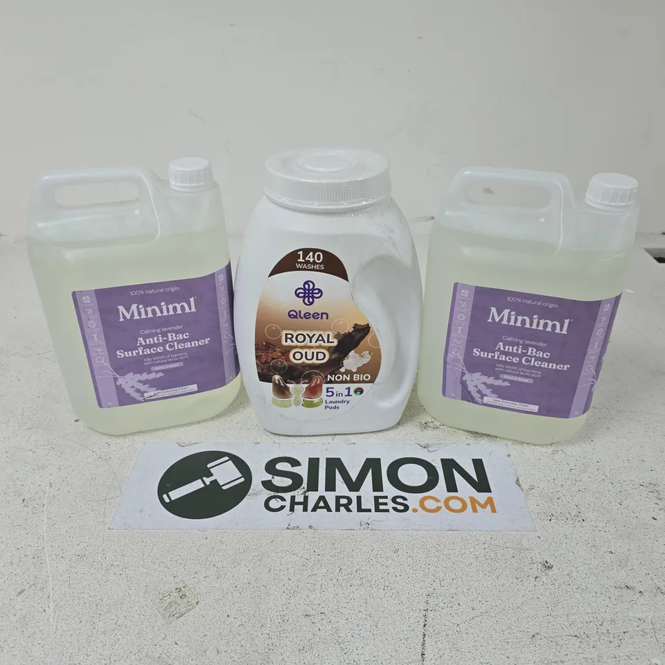 APPROXIMATELY 3 ASSORTED LARGE LIQUIDS TO INCLUDE MINIML ANTI-BAC SURFACE CLEANER, QLEEN ROYAL OUD - COLLECTION ONLY
