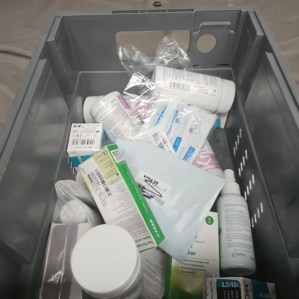 TOTE OF APPROXIMATELY 20 ASSORTED HEALTHCARE PRODUCTS TO INCLUDE COVID SELF TESTS - PORTABLE TRAVEL BIDET AND KNOWN MENOPAUSE SUPPORT SUPPLEMENTS