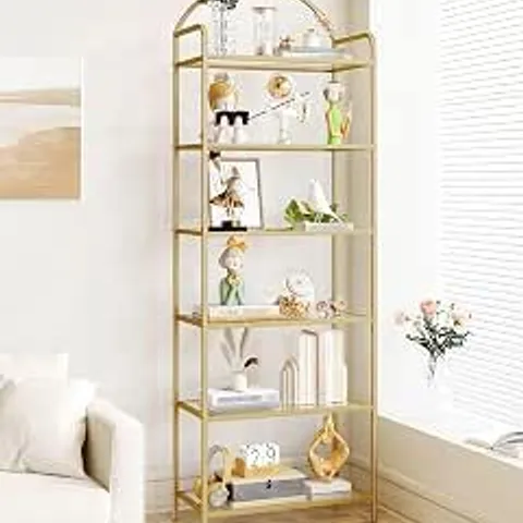 BOXED HZUANERI 6 TIER BOOKCASE, TEMPERED GLASS LADDER SHELF, THIN SHELF FOR BEDROOM, BATHROOM, HOME OFFICE, STEEL FRAME, GOLD (1 BOX)