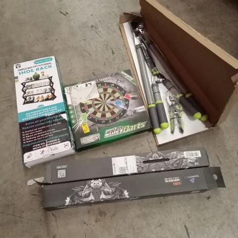 PALLET OF ASSORTED HOUSEHOLD GOODS & PRODUCTS TO INCLUDE; GIRLS TRICYCLE, GARDEN TOOLS, SHOE RACK, GAMING MOUSE MATS, CRAZY DARTS ETC