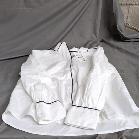ZARA WHITE BLOUSE WITH NAVY PIPING – UK SIZE M
