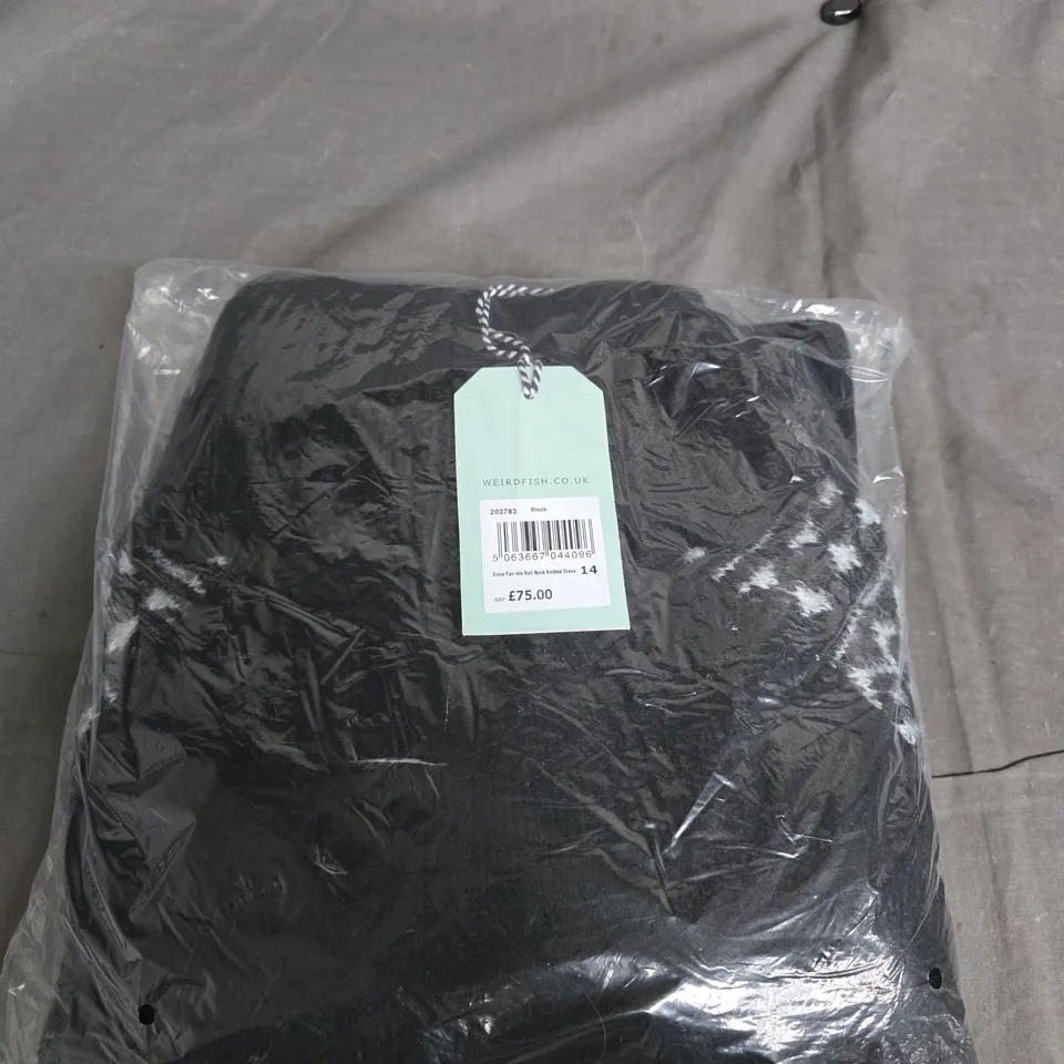 WEIRD FISH EZZIE FAIR ISLE ROLL NECK KNITTED DRESS – BLACK, UK 14