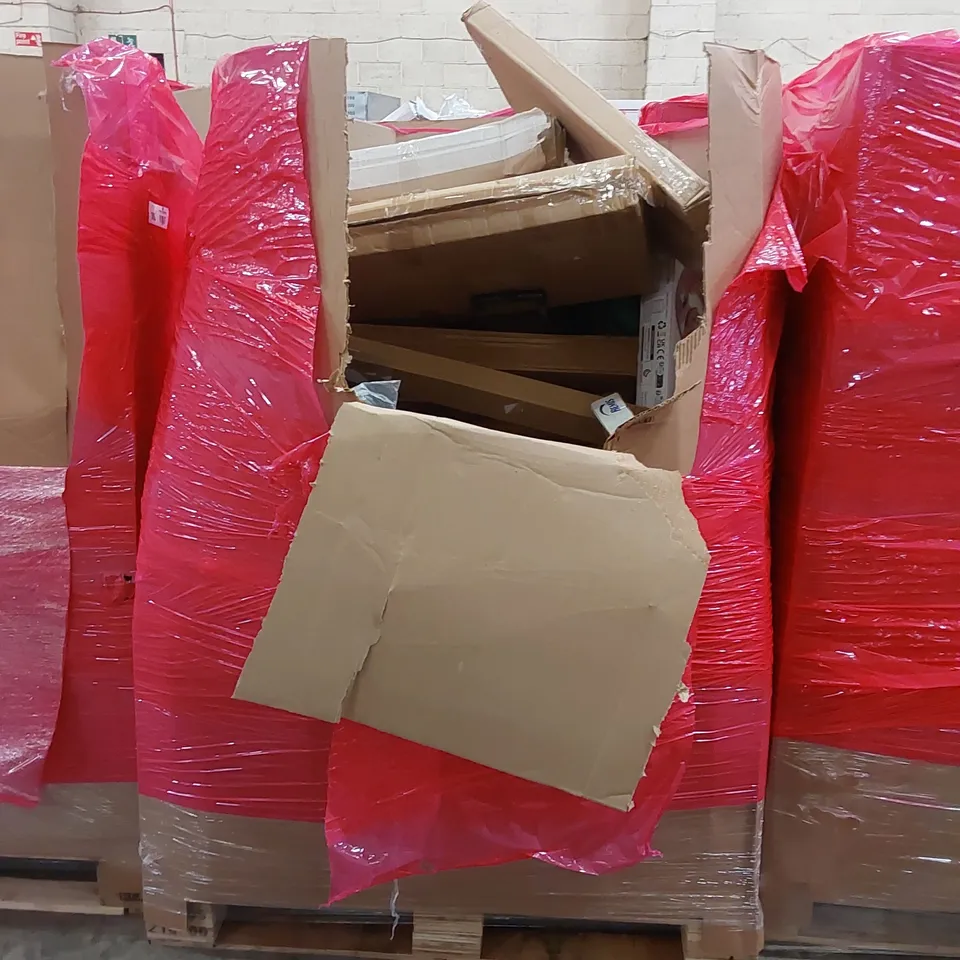 PALLET OF ASSORTED HOUSEHOLD ITEMS AND CONSUMER PRODUCTS. INCLUDES; BABY PLAYPEN, BABY WALKER, CLOTHES HANGER, OFFICE CHAIR, BOXED FURNITURE ETC