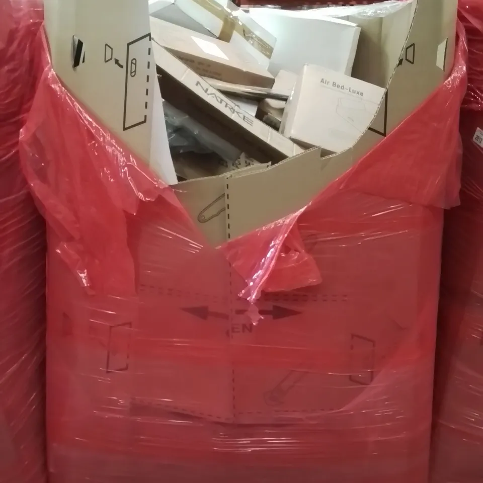 PALLET CONTAINING VARIOUS ASSORTED BOXED HOUSEHOLD ITEMS TO INCLUDE: AAIRBED-LUXE, SMALL END TABLE, TOILET SEAT AND LOTS MORE UNMARKED BOXED ITEMS 