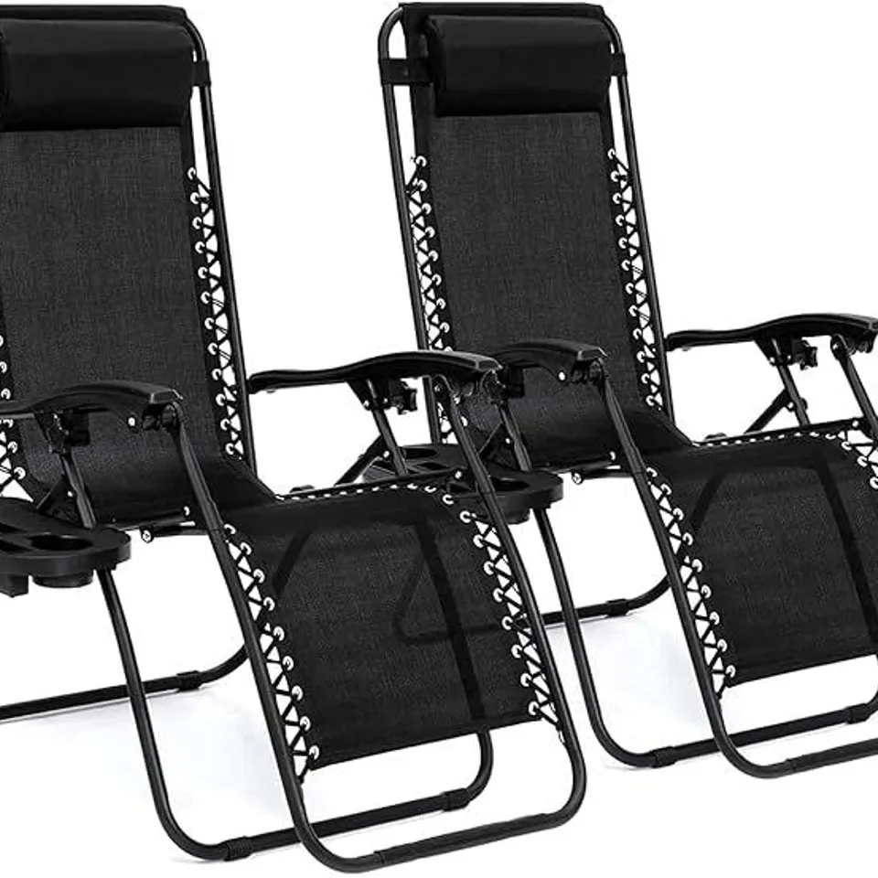 BOXED FINE GARDEN 2PK HEAVY DUTY ZERO GRAVITY CHAIRS WITH CUP HOLDERS - COLLECTION ONLY