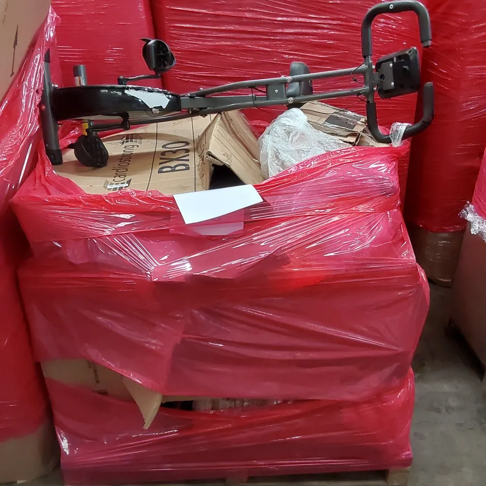 PALLET OF ASSORTED HOUSEHOLD ITEMS AND CONSUMER PRODUCTS TO INCLUDE; EXERCISE BIKE, BOXED FURNITURE ETC 