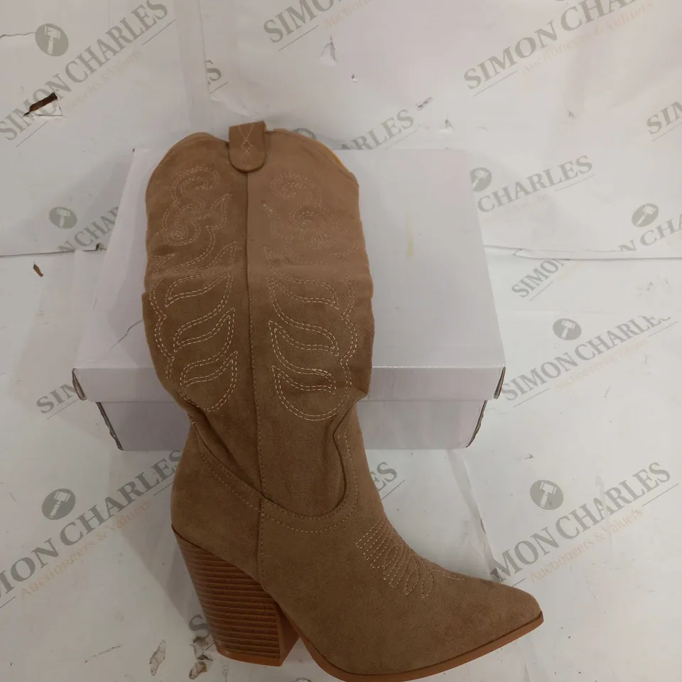 BOXED PAIR OF 'IDEAL SHOES' SOFT HIGH-LEG HEELED BOOTS IN LIGHT BROWN - EU SIZE 36