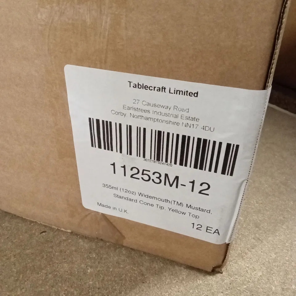 BOX OF APPROXIMATELY 12 x TABLECRAFT MUSTARD STANDARD CONE TIP BOTTLES, 355ml