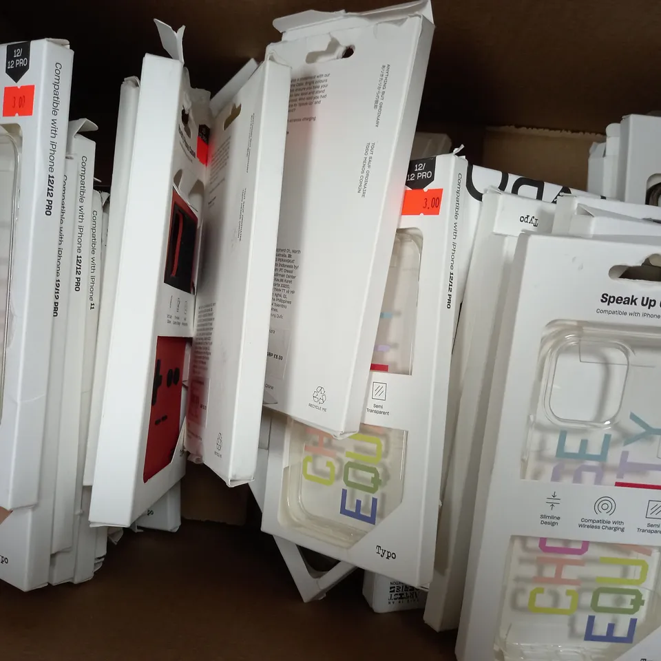 APPROXIMATELY 50 ASSORTED TYPO PHONE CASES COMPATIBLE WITH IPHONE 12/12 PRO 