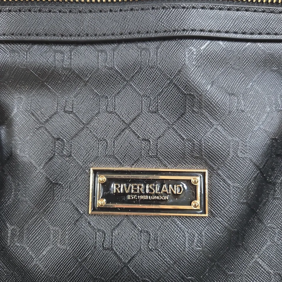RIVER ISLAND BLACK MONOGRAM HANDBAG – GOLD HARDWARE, ZIP TOP, TWIN HANDLES 