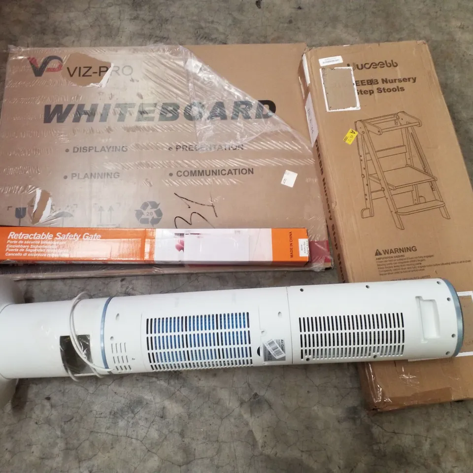 PALLET CONTAINING ASSORTED PRODUCTS INCLUDING WHITEBOARD, RETRACTABLE SAFETY GATE, NURSERY STEP STOOLS & AIR COOLER