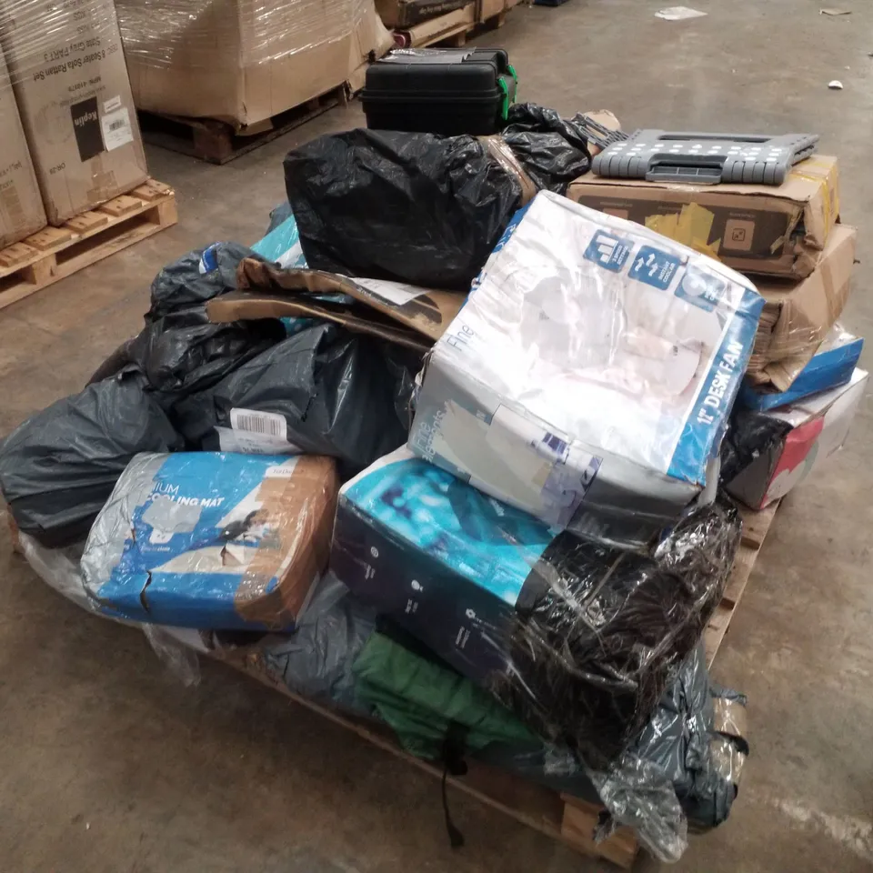 PALLET CONTAINING ASSORTED PRODUCTS INCLUDING DESK FAN, PET COOLING MAT & STEP STOOLS