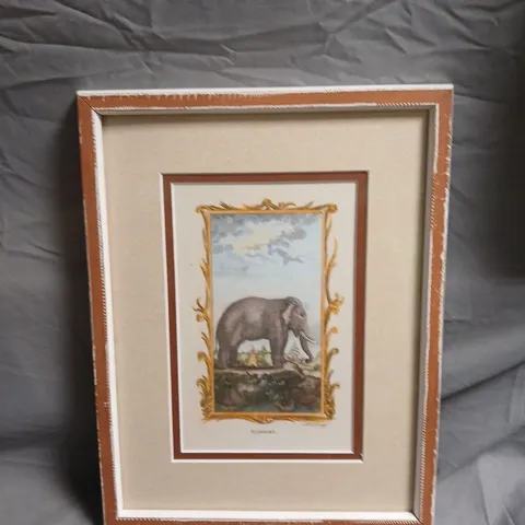 FRAMED DECORATIVE PRINT – ELEPHANT IN LANDSCAPE WITH ORNATE BORDER