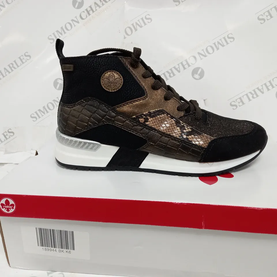 BOXED PAIR OF RIEKER HIGH TOP MIX MATERIAL TRAINER BOOTS IN BLACK UK SIZE 6