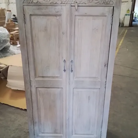 LARGE PRE-BUILT CARVED WOOD WHITE WASH TWO DOOR CABINET