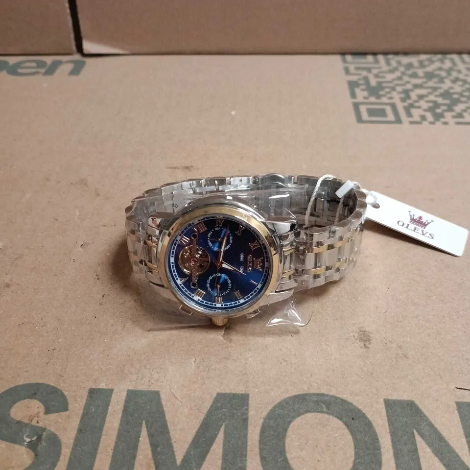 OLEVS MECHANICAL WATCH – BLUE DIAL, STAINLESS STEEL BRACELET, BOXED 