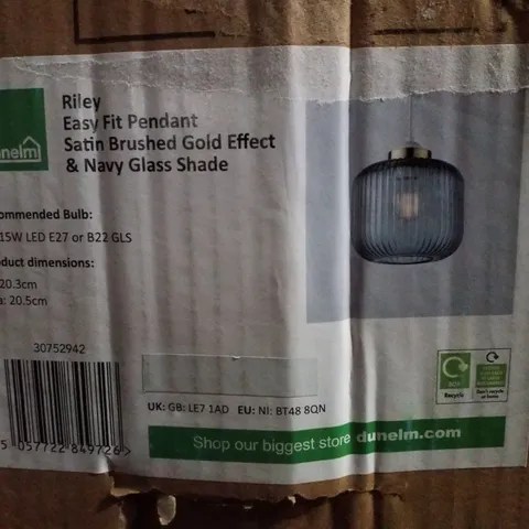 BOXED DUNELM RILEY EASY FIT PENDANT SATIN BRUSHED GOLD EFFECT & NAVY GLASS SHADE