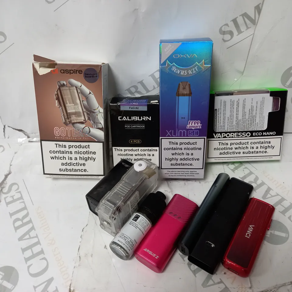 BOX OF APPROXIMATELY 10 ASSORTED E-CIG PRODUCTS TO INCLUDE VAPORESSO, OXVA, UWELL CALIBURN 