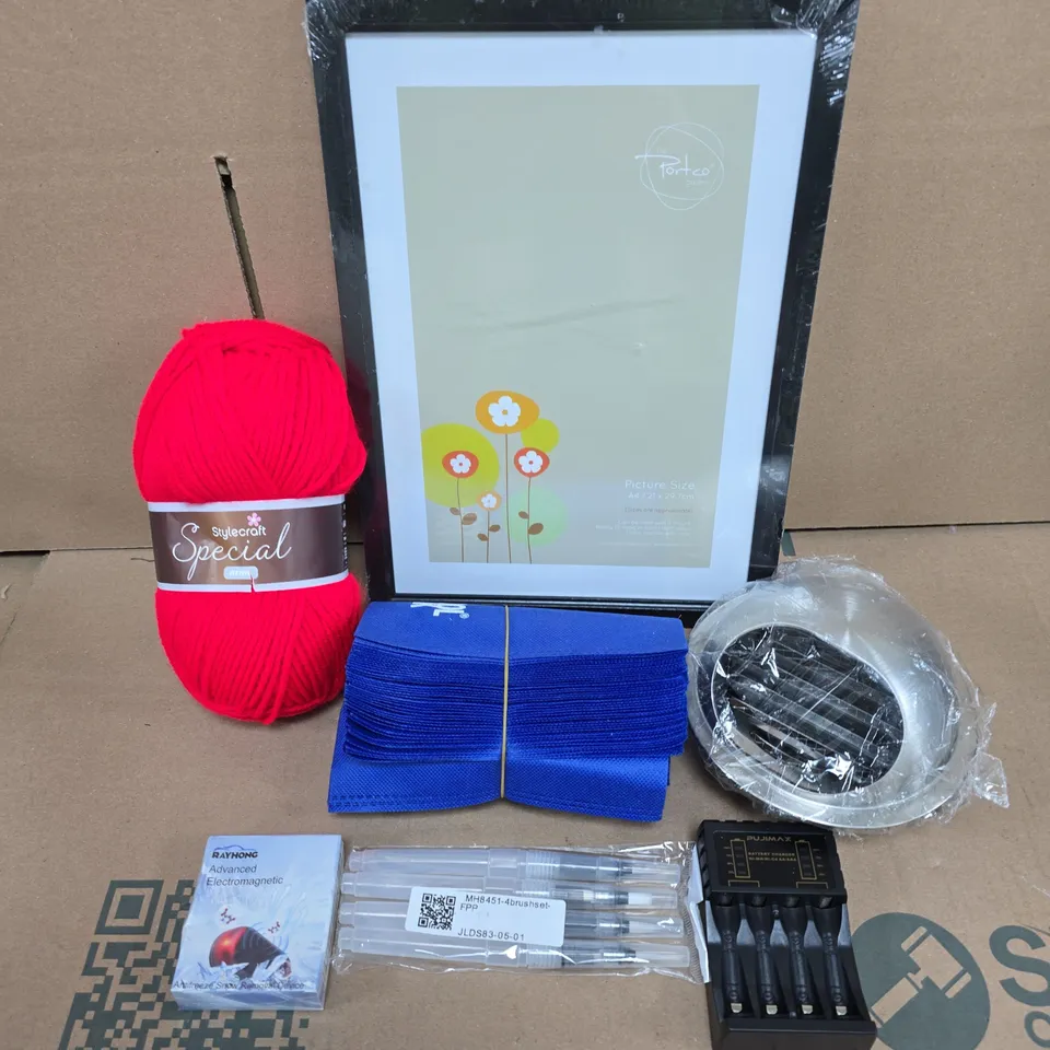 APPROXIMATELY 15 ASSORTED HOUSEHOLD PRODUCTS TO INCLUDE PICTURE FRAME, BATTERY CHARGER, BRUSH SET ETC 