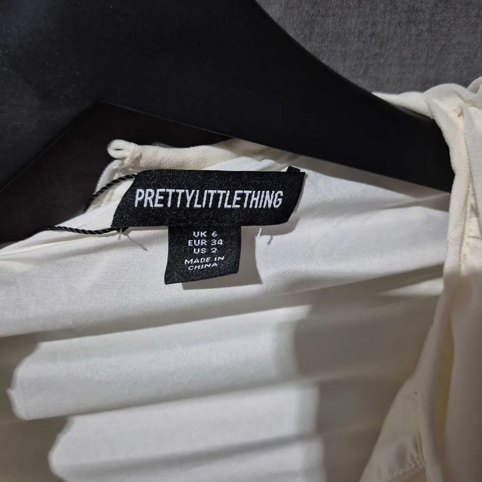 PRETTYLITTLETHING CREAM FLOATY TIE-DETAIL LONG SLEEVE SHIFT DRESS, UK 6