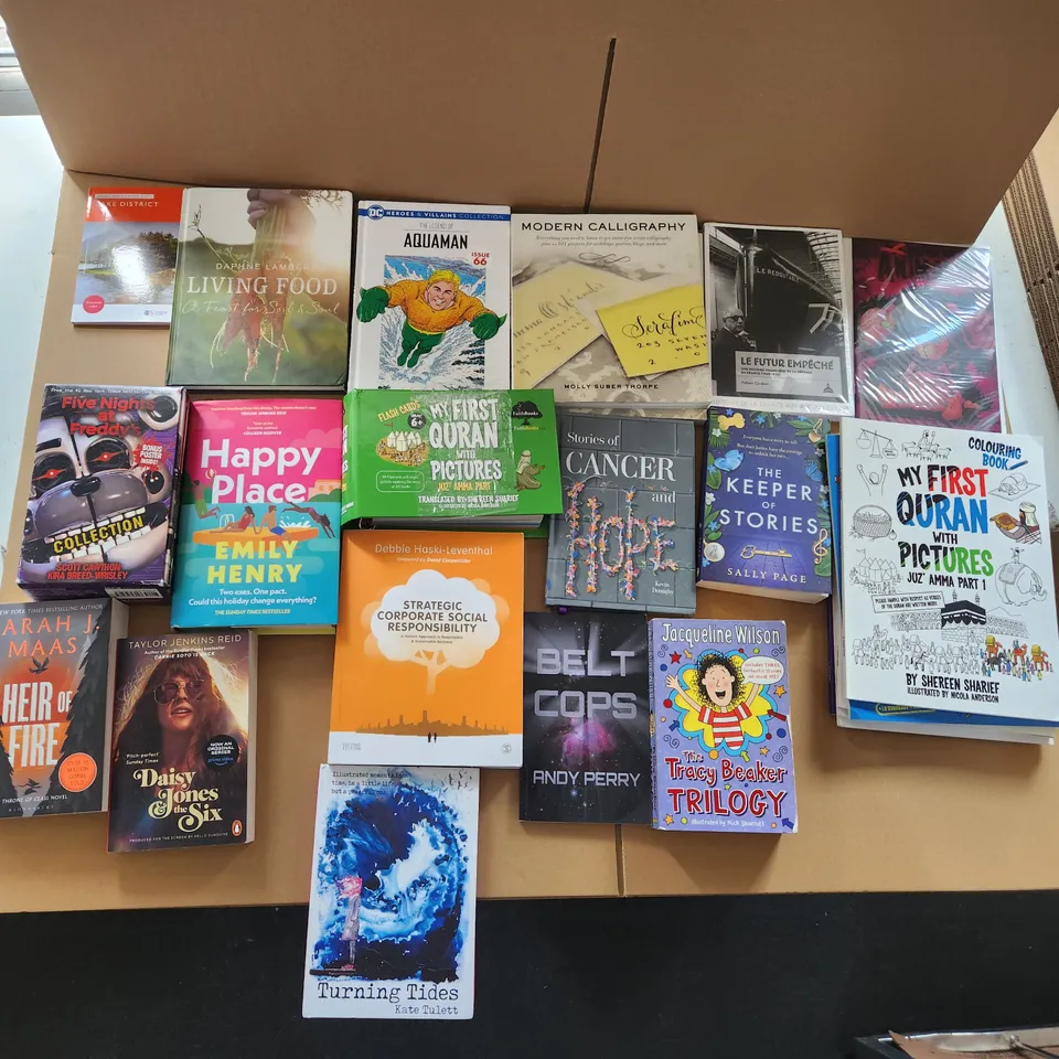 CAGE OF A SIGNIFICANT QUANTITY OF ASSORTED BOOKS BY MAX GLADSTONE, TATSUKI FUJIMOTO, CAITLIN MORAN, JULIA QUINN, ROBERT GREENE, REBECCA BIRELL, ETC