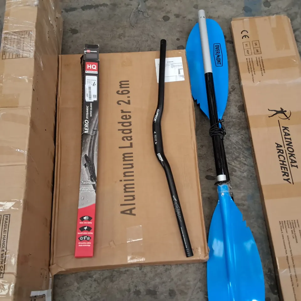 PALLET OF ASSORTED ITEMS TO INCLUDE ARCHERY BOW, MOUNTAIN BIKE HANDLE BARS AND FOLDING HORIZONTAL BAR