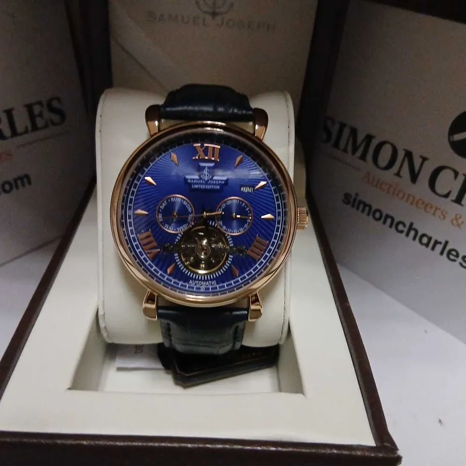 SAMUEL JOSEPH AUTOMATIC LIMITED EDITION ROSE GOLD BLUE DIAL WATCH – SJ0006 (BOXED)