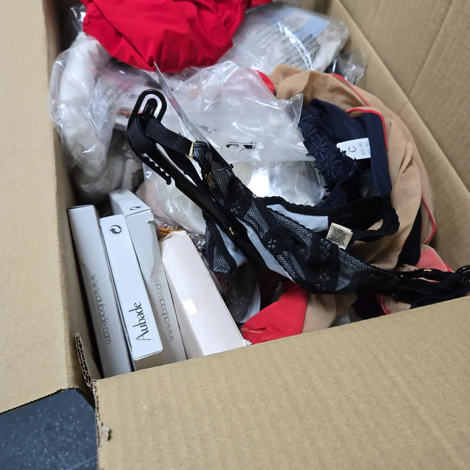 BOX OF APPROXIMATELY 25 ASSORTED CLOTHING ITEMS INCLUDING LISCA BRA , WHAT KATIE DID STOCKINGS , SUNFLAIR SWIMSUIT AND GOSSARD G STRING 