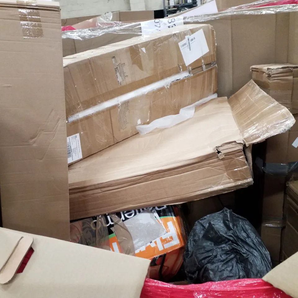 PALLET OF ASSORTED PRODUCTS INCLUDING ROUND CEILING LAMP, ADJUSTABLE HEIGHT SPEAKER STAND, TOILET SAFETY RAIL, FAN LIGHT, FLOOR LAMP  