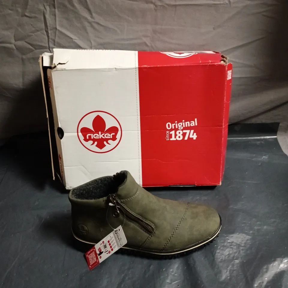 RIEKER OLIVE GREEN SUEDE WOMEN'S ANKLE BOOTS - BOXED - SIZE EUR 37 